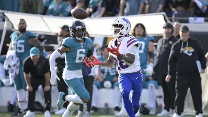 Jan 11, 2026; Jacksonville, FL, USA; Buffalo Bills wide receiver Brandin Cooks (18) catches a pass against the Jacksonville Jaguars during the second half in an AFC Wild Card Round game at EverBank Stadium. Mandatory Credit: Melina Myers-Imagn Images