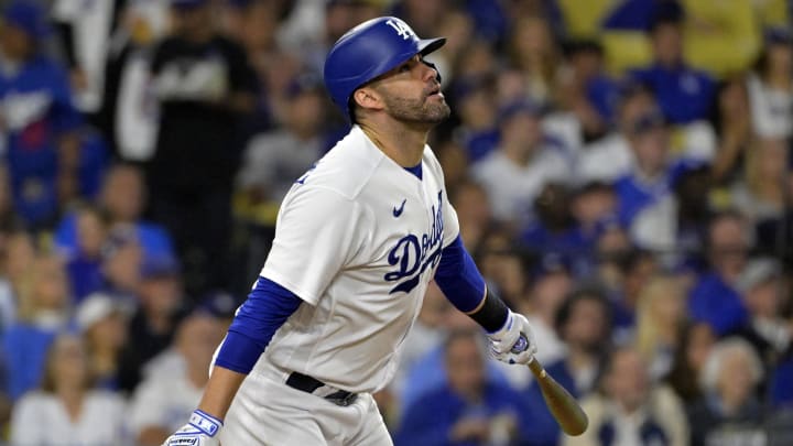 Oct 9, 2023; Los Angeles, California, USA; Los Angeles Dodgers designated hitter J.D. Martinez (28)