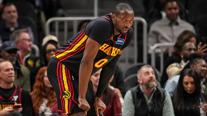 Feb 24, 2026; Atlanta, Georgia, USA; Atlanta Hawks forward Jonathan Kuminga (0) on the court against the Washington Wizards during the first half at State Farm Arena. Mandatory Credit: Dale Zanine-Imagn Images