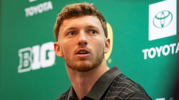 Oregon defensive back Dillon Thieneman speaks with reporters during Oregon football’s Media Day on July 28, 2025, at Autzen Stadium in Eugene. Oregon defensive back Dillon Thieneman speaks with reporters during Oregon football’s Media Day on July 28, 2025, at Autzen Stadium in Eugene.