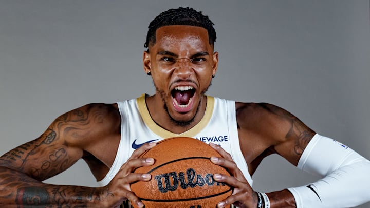 Sep 23, 2025; Metairie, LA, USA;  New Orleans Pelicans guard Dejounte Murray (5) takes part in media day at Ochsner Sports Performance Center. Mandatory Credit: Matthew Hinton-Imagn Images
