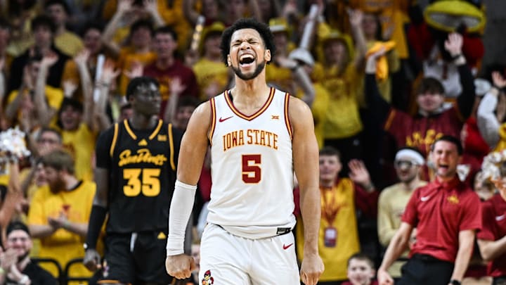Mar 7, 2026; Ames, Iowa, USA; Iowa State Cyclones forward Joshua Jefferson (5) reacts during the second half against the Arizona State Sun Devils at James H. Hilton Coliseum. Mandatory Credit: Jeffrey Becker-Imagn Images