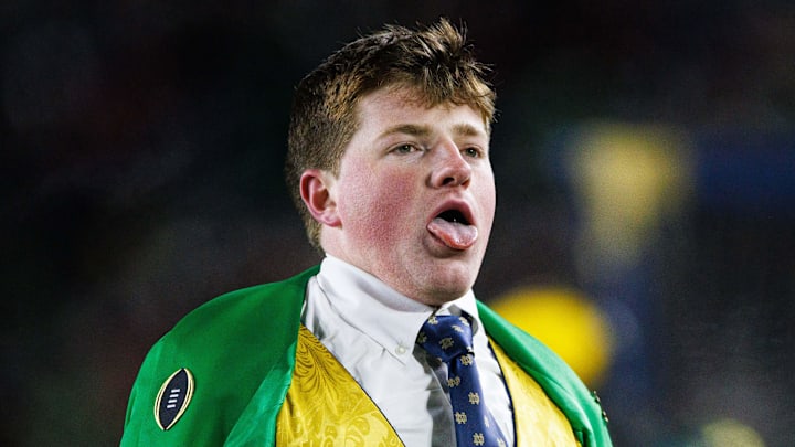 The Notre Dame Leprechaun dances during the first round of the College Football Playoff between Notre Dame and Indiana at Notre Dame Stadium on Friday, Dec. 20, 2024, in South Bend.