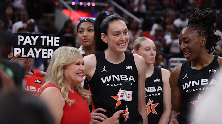 Jul 19, 2025; Indianapolis, IN, USA; Team Collier forward Breanna Stewart (30) celebrates after the 2025 WNBA All Star Game at Gainbridge Fieldhouse. Mandatory Credit: Trevor Ruszkowski-Imagn Images