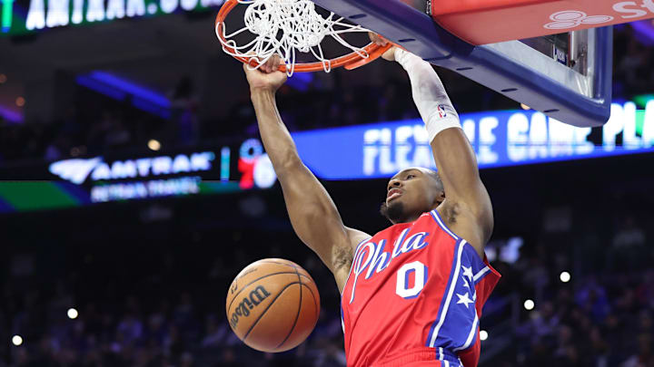 Jan 16, 2026; Philadelphia, Pennsylvania, USA; Philadelphia 76ers guard Tyrese Maxey (0) dunks the ball against the Cleveland Cavaliers during the second quarter at Xfinity Mobile Arena. Mandatory Credit: Bill Streicher-Imagn Images
