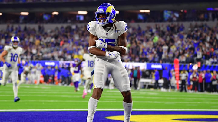 Oct 24, 2024; Inglewood, California, USA;  Los Angeles Rams wide receiver Demarcus Robinson (15) celebrates his touchdown scored against the against the Minnesota Vikings during the second half at SoFi Stadium. Mandatory Credit: Gary A. Vasquez-Imagn Images