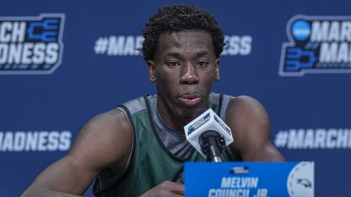 Mar 20, 2024; Charlotte, NC, USA; Wagner Seahawks guard Melvin Council Jr. (11) addresses the media after the NCAA first round practice session at Spectrum Center. Mandatory Credit: Jim Dedmon-Imagn Images