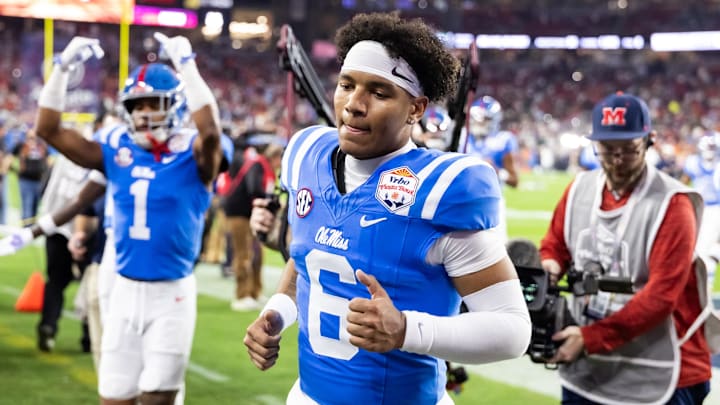 Ole Miss Rebels quarterback Trinidad Chambliss (6) against the Miami Hurricanes during the 2026 Fiesta Bowl and semifinal game of the College Football Playoff at State Farm Stadium. 