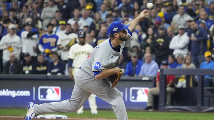 Oct 11, 2025; Milwaukee, Wisconsin, USA; Chicago Cubs pitcher Drew Pomeranz (45) pitches against the Milwaukee Brewers in the first inning during game five of the NLDS round for the 2025 MLB playoffs at American Family Field. Mandatory Credit: Michael McLoone-Imagn Images Oct 11, 2025; Milwaukee, Wisconsin, USA; Chicago Cubs pitcher Drew Pomeranz (45) pitches against the Milwaukee Brewers in the first inning during game five of the NLDS round for the 2025 MLB playoffs at American Family Field. Mandatory Credit: Michael McLoone-Imagn Images