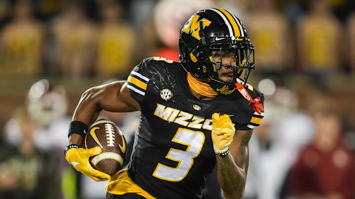 Nov 9, 2024; Columbia, Missouri, USA; Missouri Tigers wide receiver Luther Burden III (3) runs with the ball during the first half against the Oklahoma Sooners at Faurot Field at Memorial Stadium. Mandatory Credit: Jay Biggerstaff-Imagn Images
