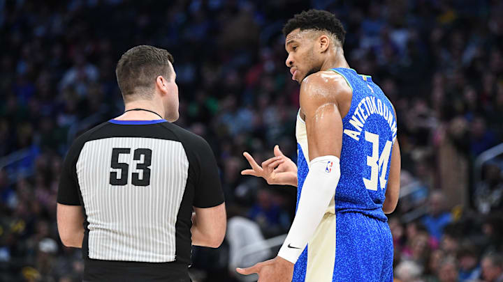 Feb 13, 2024; Milwaukee, Wisconsin, USA; Milwaukee Bucks forward Giannis Antetokounmpo (34) talks