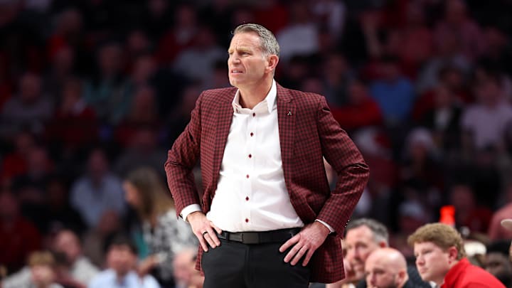 Dec 13, 2025; Birmingham, Alabama, USA; Alabama Crimson Tide head coach Nate Oats observes from the sideline during the first half against the Arizona Wildcats at Legacy Arena at BJCC. Mandatory Credit: David Leong-Imagn Images