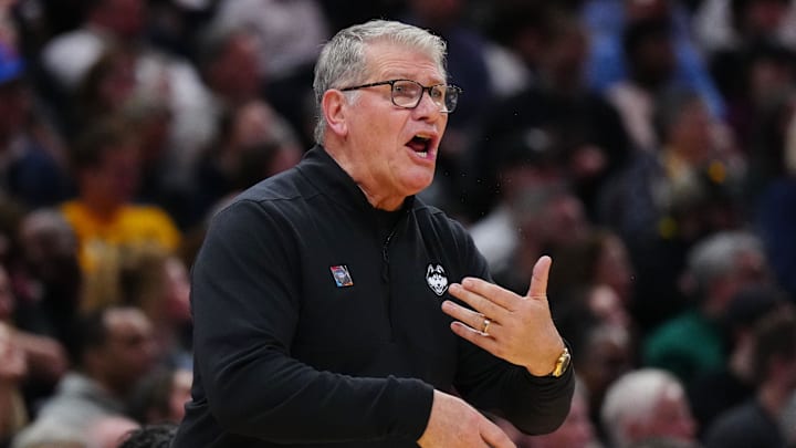 Apr 5, 2024; Cleveland, OH, USA; Connecticut Huskies head coach Geno Auriemma reacts in the first quarter against the Iowa Hawkeyes in the semifinals of the Final Four of the womens 2024 NCAA Tournament at Rocket Mortgage FieldHouse. Mandatory Credit: Kirby Lee-Imagn Images