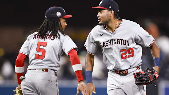 Jun 23, 2025; San Diego, California, USA; Washington Nationals left fielder James Wood (29) and CJ Abrams (5) celebrate after the Nationals beat the San Diego Padres 10-6 at Petco Park.