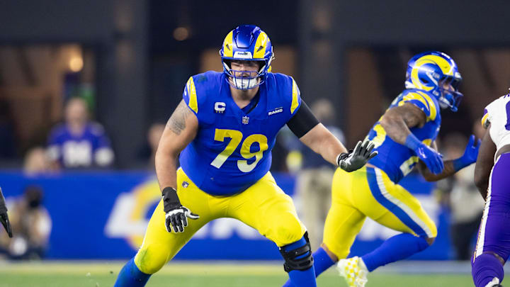Jan 13, 2025; Glendale, AZ, USA; Los Angeles Rams offensive tackle Rob Havenstein (79) against the Minnesota Vikings during an NFC wild card game at State Farm Stadium. Mandatory Credit: Mark J. Rebilas-Imagn Images