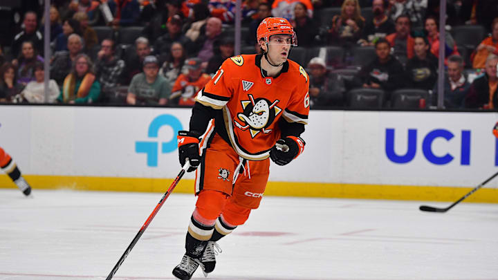 Apr 7, 2025; Anaheim, California, USA; Anaheim Ducks left wing Cutter Gauthier (61) in action against the Edmonton Oilers during the second period at Honda Center. Mandatory Credit: Gary A. Vasquez-Imagn Images