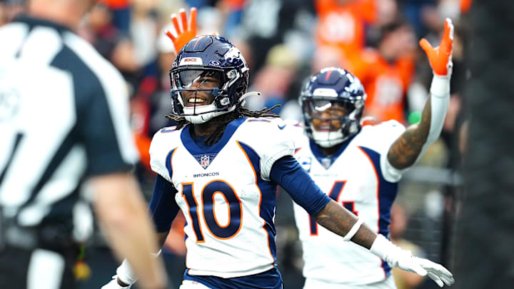 Jan 7, 2024; Paradise, Nevada, USA; Denver Broncos wide receiver Jerry Jeudy (10) celebrates after Jan 7, 2024; Paradise, Nevada, USA; Denver Broncos wide receiver Jerry Jeudy (10) celebrates after