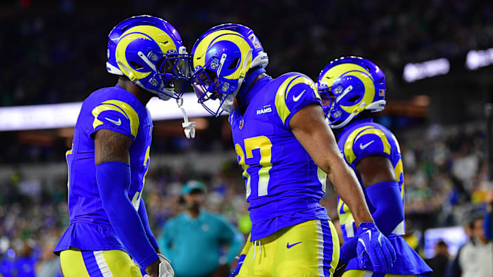Nov 24, 2024; Inglewood, California, USA; Los Angeles Rams safety Quentin Lake (37) celebrates with Los Angeles Rams safety Quentin Lake (37) after Philadelphia Eagles wide receiver A.J. Brown (11) loses the ball in the endzone during the first half at SoFi Stadium. Mandatory Credit: Gary A. Vasquez-Imagn Images Nov 24, 2024; Inglewood, California, USA; Los Angeles Rams safety Quentin Lake (37) celebrates with Los Angeles Rams safety Quentin Lake (37) after Philadelphia Eagles wide receiver A.J. Brown (11) loses the ball in the endzone during the first half at SoFi Stadium. Mandatory Credit: Gary A. Vasquez-Imagn Images