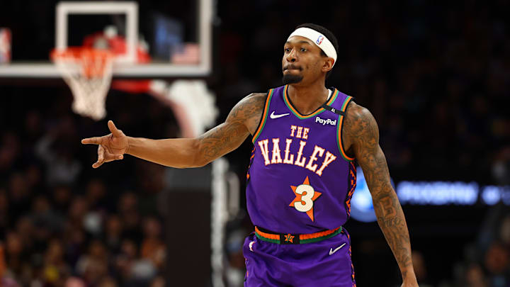 Jan 12, 2025; Phoenix, Arizona, USA; Phoenix Suns guard Bradley Beal (3) reacts against the Charlotte Hornets during the first half at Footprint Center. Mandatory Credit: Mark J. Rebilas-Imagn Images