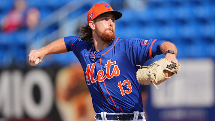 Mar 15, 2024; Port St. Lucie, Florida, USA; New York Mets pitcher Nolan McLean participates in the Spring Breakout game against the Washington Nationals at Clover Park. Mandatory Credit: Jim Rassol-Imagn Images