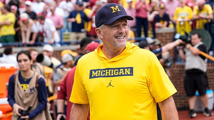 Michigan head coach Kyle Whittingham watches practice at Michigan Stadium in Ann Arbor ahead of the game between Michigan and Oklahoma on Saturday, Sept. 12, 2026.