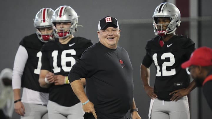 Mar 5, 2024; Columbus, OH, USA; Ohio State Buckeyes offensive coordinator Chip Kelly works with quarterbacks during the first spring practice at the Woody Hayes Athletic Center.