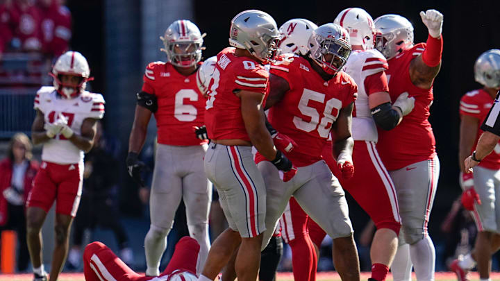Ohio State Buckeyes linebacker Cody Simon (0) celebrates a sack on Nebraska Cornhuskers quarterback Dylan Raiola (15) during the second half of the NCAA football game at Ohio Stadium in Columbus on Saturday, Oct. 26, 2024. Ohio State won 21-17.