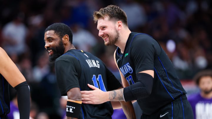 Feb 22, 2024; Dallas, Texas, USA; Dallas Mavericks guard Luka Doncic (77) celebrates with Dallas Feb 22, 2024; Dallas, Texas, USA; Dallas Mavericks guard Luka Doncic (77) celebrates with Dallas