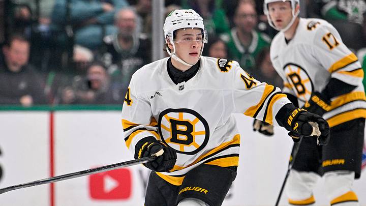 Oct 20, 2026; Dallas, Texas, USA; Boston Bruins center James Hagens (44) skates against the Dallas Stars during the first period at the American Airlines Center. Mandatory Credit: Jerome Miron-Imagn Images Oct 20, 2026; Dallas, Texas, USA; Boston Bruins center James Hagens (44) skates against the Dallas Stars during the first period at the American Airlines Center. Mandatory Credit: Jerome Miron-Imagn Images