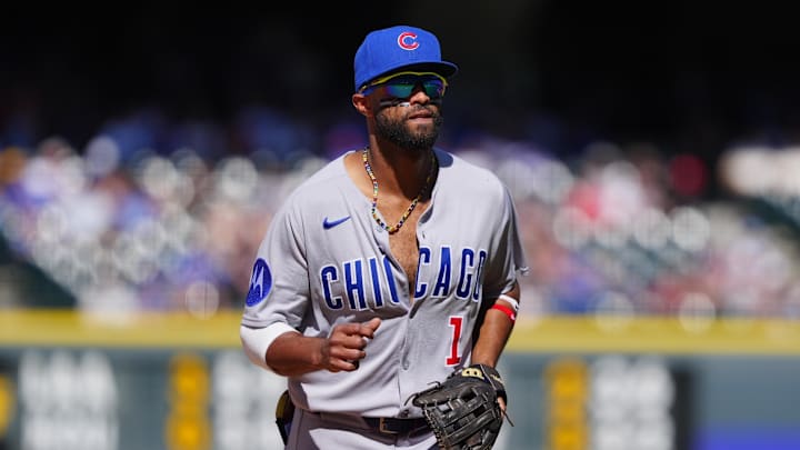 Aug 31, 2025; Denver, Colorado, USA; Chicago Cubs outfielder Willi Castro (1) leaves the field in the fifth inning against the Colorado Rockies at Coors Field. Mandatory Credit: Ron Chenoy-Imagn Images