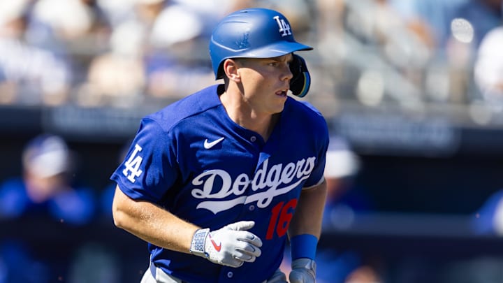 Feb 22, 2026; Peoria, Arizona, USA; Los Angeles Dodgers catcher Will Smith against the San Diego Padres during a spring training game at Peoria Sports Complex. Mandatory Credit: Mark J. Rebilas-Imagn Images