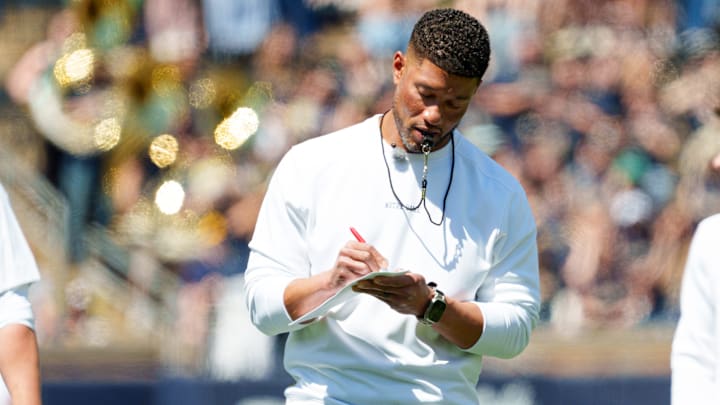 Notre Dame head coach Marcus Freeman during the Blue-Gold spring game at Notre Dame Stadium on Saturday, April 25, 2026, in South Bend.