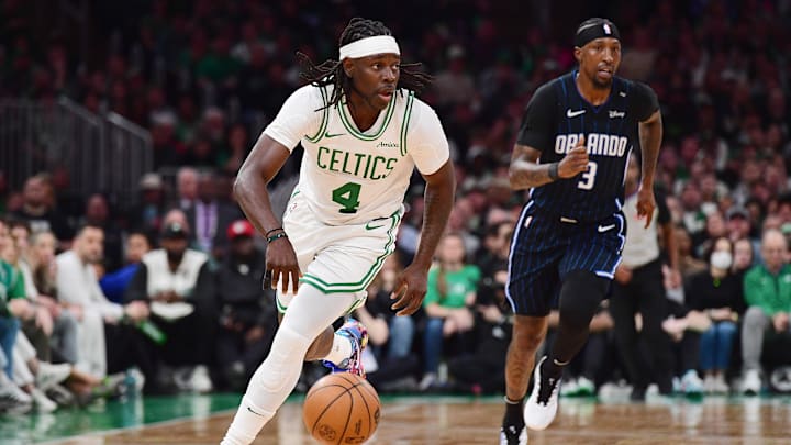 Apr 20, 2025; Boston, Massachusetts, USA; Boston Celtics guard Jrue Holiday (4) controls the ball during the second half against the Orlando Magic at TD Garden. Mandatory Credit: Bob DeChiara-Imagn Images Apr 20, 2025; Boston, Massachusetts, USA; Boston Celtics guard Jrue Holiday (4) controls the ball during the second half against the Orlando Magic at TD Garden. Mandatory Credit: Bob DeChiara-Imagn Images