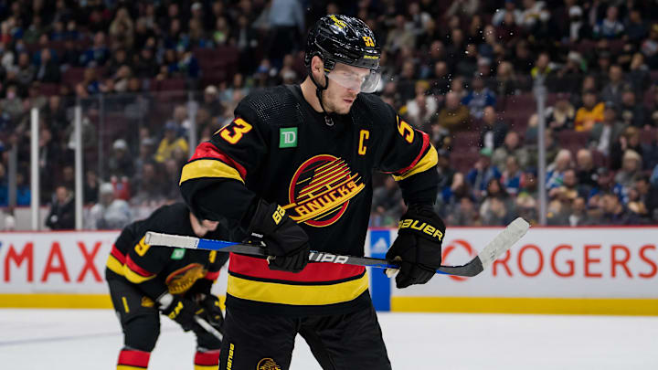 Jan 18, 2023; Vancouver, British Columbia, CAN; Vancouver Canucks forward Bo Horvat (53) against the