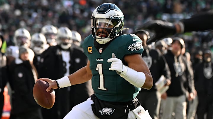 Dec 14, 2025; Philadelphia, Pennsylvania, USA; Philadelphia Eagles quarterback Jalen Hurts (1) runs the ball during the second quarter against the Las Vegas Raiders at Lincoln Financial Field. Mandatory Credit: Eric Hartline-Imagn Images