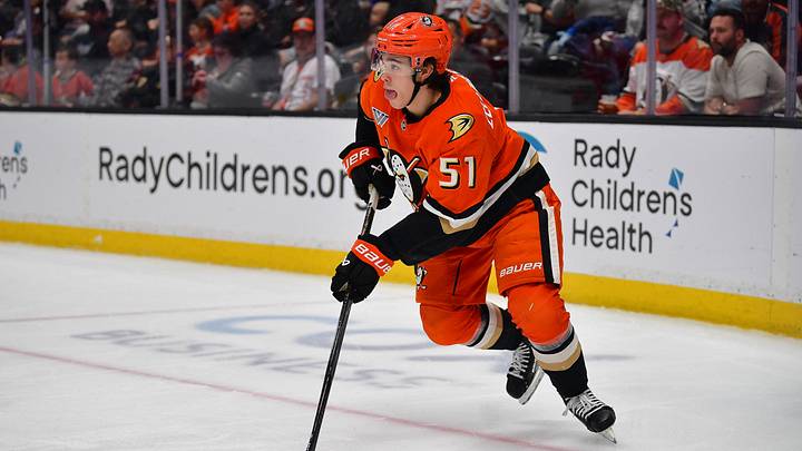 Mar 22, 2026; Anaheim, California, USA; Anaheim Ducks defenseman Olen Zellweger (51) moves the puck against the Buffalo Sabres during the first period at Honda Center. Mandatory Credit: Gary A. Vasquez-Imagn Images Mar 22, 2026; Anaheim, California, USA; Anaheim Ducks defenseman Olen Zellweger (51) moves the puck against the Buffalo Sabres during the first period at Honda Center. Mandatory Credit: Gary A. Vasquez-Imagn Images