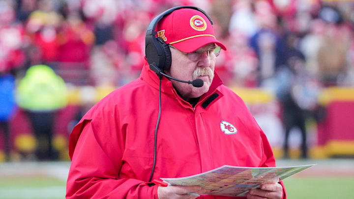 Dec 21, 2024; Kansas City, Missouri, USA; Kansas City Chiefs head coach Andy Reid watches play against the Houston Texans during the second half at GEHA Field at Arrowhead Stadium. Mandatory Credit: Denny Medley-Imagn Images