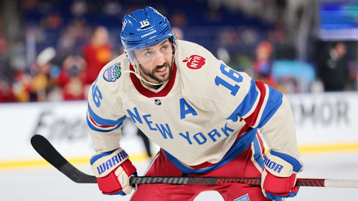 Jan 2, 2026; Miami, Florida, USA; New York Rangers center Vincent Trocheck (16) waits for a faceoff against the Florida Panthers during the third period during the third period in the 2026 Winter Classic ice hockey game at loanDepot Park. Mandatory Credit: Sam Navarro-Imagn Images