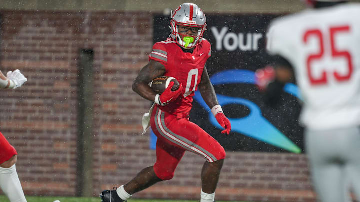 Baylor's David Gabriel Georges (0) carries the ball in the end zone for a touchdown during the Division II-AAA championship game at Finley Stadium in Chattanooga, Tenn., on Dec. 4, 2025.