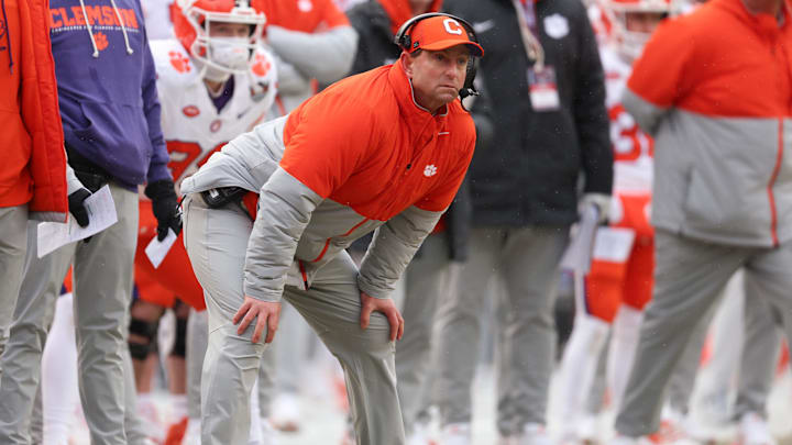 Dec 27, 2025; Bronx, NY, USA; Clemson Tigers head coach Dabo Swinney looks on during the first half of the 2025 Pinstripe Bowl against the Penn State Nittany Lions at Yankee Stadium. Mandatory Credit: Vincent Carchietta-Imagn Images