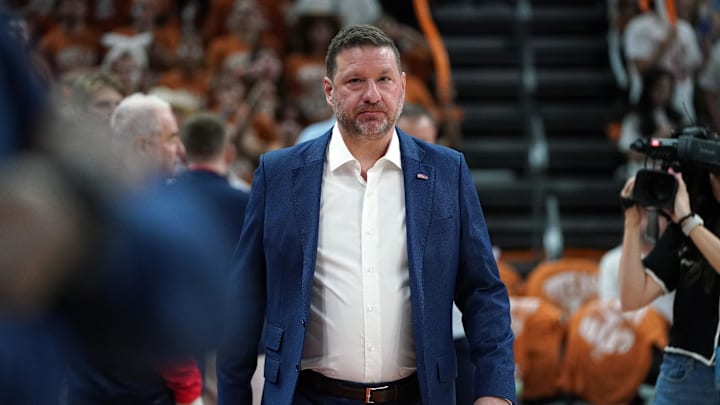 Feb 7, 2026; Austin, Texas, USA; Mississippi Rebels head coach Chris Beard enters the court before the start of the game against the Texas Longhorns at Moody Center. Mandatory Credit: Dustin Safranek-Imagn Images