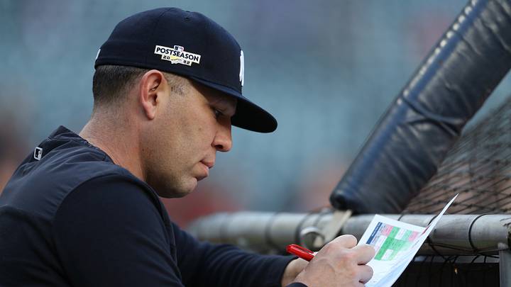 Oct 20, 2022; Houston, Texas, USA; New York Yankees hitting coach Dillon Lawson takes notes before game two of the ALCS against the New York Yankees for the 2022 MLB Playoffs at Minute Maid Park. Mandatory Credit: Thomas Shea-USA TODAY Sports Oct 20, 2022; Houston, Texas, USA; New York Yankees hitting coach Dillon Lawson takes notes before game two of the ALCS against the New York Yankees for the 2022 MLB Playoffs at Minute Maid Park. Mandatory Credit: Thomas Shea-USA TODAY Sports