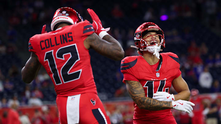 Nov 20, 2025; Houston, Texas, USA; Houston Texans wide receiver Nico Collins (12) jokes around with wide receiver Quintez Cephus (14) before playing against the Buffalo Bills before playing against the Buffalo Bills at NRG Stadium. Mandatory Credit: Thomas Shea-Imagn Images Nov 20, 2025; Houston, Texas, USA; Houston Texans wide receiver Nico Collins (12) jokes around with wide receiver Quintez Cephus (14) before playing against the Buffalo Bills before playing against the Buffalo Bills at NRG Stadium. Mandatory Credit: Thomas Shea-Imagn Images