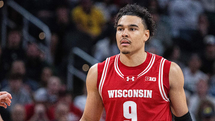 Mar 15, 2025; Indianapolis, IN, USA; Wisconsin Badgers guard John Tonje (9) in the second half against the Michigan State Spartans at Gainbridge Fieldhouse. Mandatory Credit: Trevor Ruszkowski-Imagn Images
