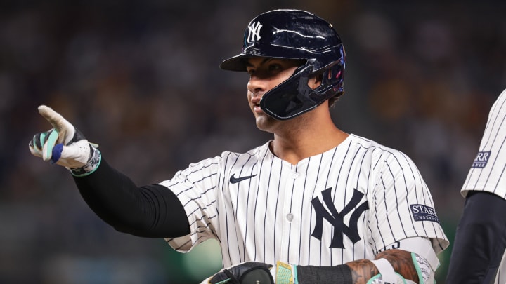 Aug 30, 2024; Bronx, New York, USA; New York Yankees second baseman Gleyber Torres (25) reacts after a single during the eighth inning against the St. Louis Cardinals at Yankee Stadium. Mandatory Credit: Vincent Carchietta-USA TODAY Sports Aug 30, 2024; Bronx, New York, USA; New York Yankees second baseman Gleyber Torres (25) reacts after a single during the eighth inning against the St. Louis Cardinals at Yankee Stadium. Mandatory Credit: Vincent Carchietta-USA TODAY Sports
