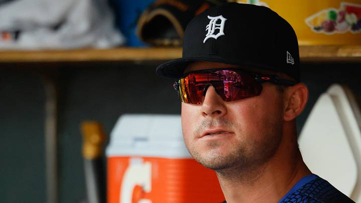 Detroit Tigers first baseman Spencer Torkelson (20) in the dugout before the game.  Credit: Rick Osentoski-Imagn Images