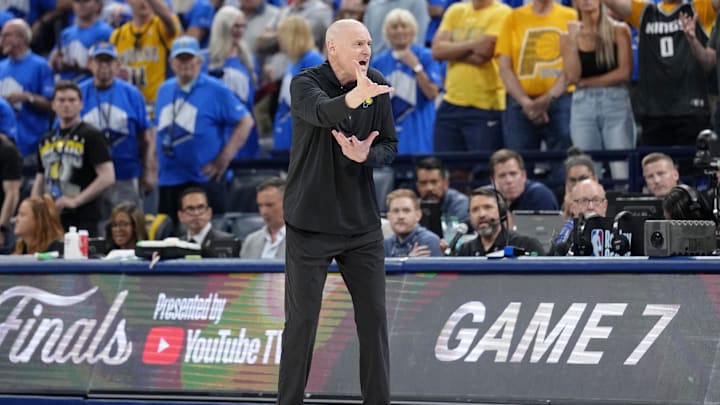 Jun 22, 2025; Oklahoma City, Oklahoma, USA; Indiana Pacers head coach Rick Carlisle reacts after a call following a play against the Oklahoma City Thunder during the second half of game seven of the 2025 NBA Finals at Paycom Center. Mandatory Credit: Kyle Terada-Imagn Images