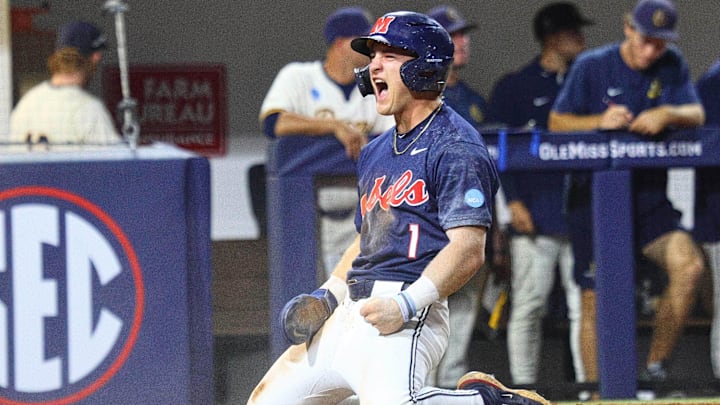 Jun 1, 2025; Oxford, MS, USA; Mississippi Rebels shortstop Brayden Randle (1) reacts after scoring a run during the third inning against the Murray State Racers. Mandatory Credit: Petre Thomas-Imagn Images