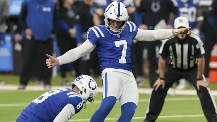 Jan 5, 2025; Indianapolis, Indiana, USA; Indianapolis Colts place kicker Matt Gay (7) kicks a field goal in overtime during a game against the Jacksonville Jaguars at Lucas Oil Stadium. Mandatory Credit: Christine Tannous/USA TODAY Network via Imagn Images