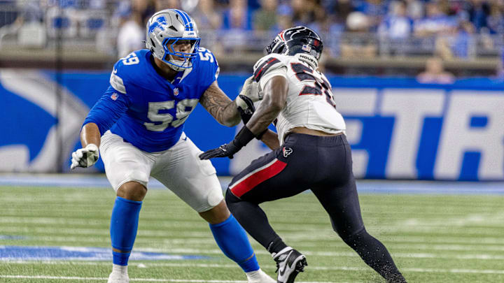 Aug 23, 2025; Detroit, Michigan, USA; Detroit Lions offensive tackle Giovanni Manu (59) defends against Houston Texans defensive end Solomon Byrd (50) during the second half at Ford Field.